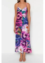  Collection Multicolored Flower Print Straight Cut Strap Midi Satin Woven Dress TWOSS23EL02416