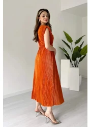 MODAMİNEM فستان دانيال نسائي بتفاصيل أربطة وطيات برتقالية اللون