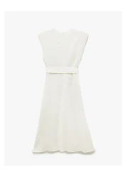 Koton فستان متوسط ​​الطول بدون أكمام ومزدوج الصدر من مزيج الفسكوز والكتان مع تفاصيل حزام