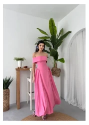 Julidress فستان سهرة طويل بياقة مادونا بطيات طويل وقلم رصاص ممتاز