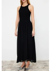  Collection Black Maxi Halter Collar Lined Knitted Woven Mixed Dress TWOSS24EL00143