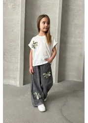 Minigimin Cicileri طقم بناتي مكون من قطعتين من Miniğimin Cicileri مع بنطال جينز بتفاصيل زنبق - أنثراسايت