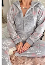 Pijamaevi Gray Snowflake Patterned Women's Fleece Plush Jumpsuit Pajamas