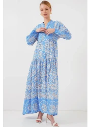 Bigdart 2423 Authentic Patterned Hijab Dress - S. Blue