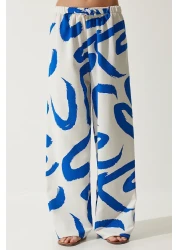 Happiness İstanbul Women's White Blue Patterned Raw Linen Palazzo Trousers BH00397