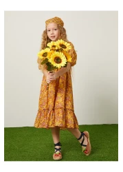 Koton فستان مزين بالزهور وأكمام بالونية من القطن بياقة مربعة مبطن