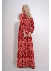 Trend Alaçatı Stili Women's Tile Magnifying Collar Buttoned Skirt Flounced Patterned Maxiboy Dress ALC-X12037