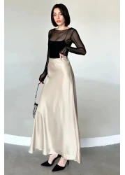 Maude تنورة نسائية بيج فلوش فيسكوز من الساتان بحزام مطاطي وسحاب طويل على شكل حرف A