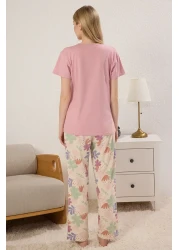  Collection Pink Cotton Floral Slogan Knitted Pajama Set
