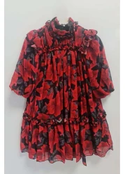 Riccotarz فستان بناتي بياقة مكشكشة وأكتاف مكشكشة ومطرز بالزهور باللون الأحمر