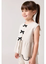 Minipodyum بدلة صيفية من الكتان مكونة من قطعتين مع شورتات مزينة بفيونكة للفتيات