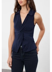  Collection Navy Blue Fitted/Fitted Polo Neck Stretchy Knitted Blouse Twoss24Bz00085