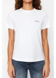  Collection White 100% Cotton Slogan Embroidered Regular Fit Knitted T-Shirt TWOSS24TS00097