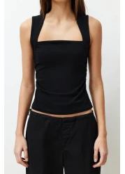  Collection Black Solid Square Neck Straps Shirred Fitted/Fitted Stretchy Knitted Blouse Twoss24Bz00400