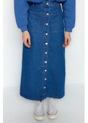  Collection High Waist Dark Indigo Maxi Denim Jeans Skirt - Double Pockets and Front Buttoned Tctss23Ee00002