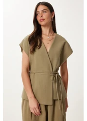 Happiness İstanbul Women's Khaki Linen Vest Pants Suit No00020