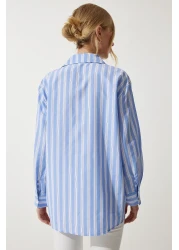 Happiness İstanbul قميص نسائي أزرق سماوي فاخر مزين بالزهور UL00015