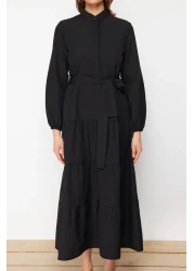  Modest فستان منسوج بحزام أسود وأزرار وطية صدر السترة TCTSS21EL3343