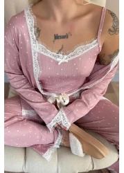 Pijamaevi Pink Point Patterned Pegasus Pajama Set with Dressing Gown