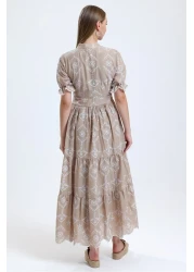 MD trend Women's Beige Collar Lined Buttoned Short Sleeve Long Scallop Dress