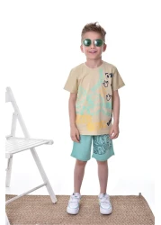 TRENDYOLKIDS النعناع الصبي القطن شعار نمط تي شيرت السراويل مجموعة محبوك أسفل أعلى مجموعة TKDSS24AU00030