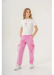 Magu Girl's Cotton White Floral Printed T-Shirt and Pink Pocket Pants Set