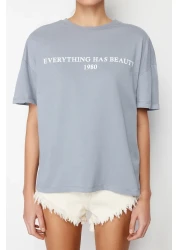  Collection Gray 100% Cotton Slogan Printed Relaxed/Wide Relaxed Cut Knitted T-Shirt TWOSS19GH0034