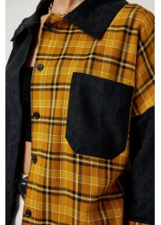 Happiness İstanbul قميص نسائي منسوج من الجلد المدبوغ بلون الخردل الأسود WF00064