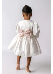 Le Mabelle Ecru Vintage Girls' Dress with Pearls on the Front - Joana