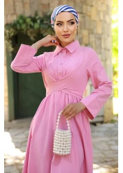 InStyle Belt Detailed Shirt Collar Pink Dress