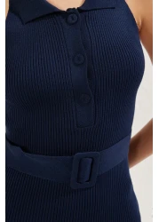  Collection Navy Blue Belt Detailed Knitwear Midi Dress Twoss22El1031