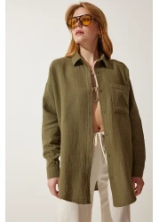 Happiness İstanbul قميص موسلين كبير الحجم بجيب كاكي للنساء MX00150