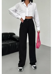 CNRCollection بنطلون بالازو نسائي أسود عالي الخصر مطوي بأزرار من الليكرا قابل للتمدد مقاس كبير غير رسمي