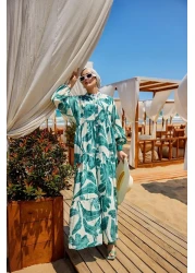 LOCCO فستان نسائي منقوش بأوراق الشجر باللون الأخضر