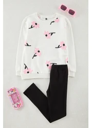 TRENDYOLKIDS White-Multicolor 4-Piece Girl's Floral Knitted Top and Bottom Set Tkdaw25Au00120