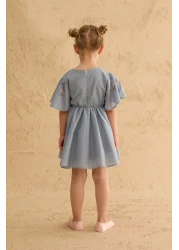 Fahhar Kids Flounced Embroidered Cotton Dress Light Blue