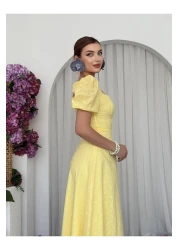 Julidress Yellow Embroidered Lined Balloon Sleeve Midi Length Premium Linen Dress