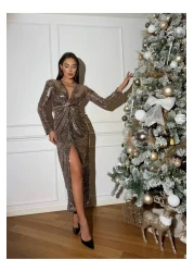 1Moda1Tarz فستان نسائي ذهبي مستورد مزين بالترتر باللون الرملي ومزين بفتحة أمامية وتفاصيل مبطنة بتصميم خاص