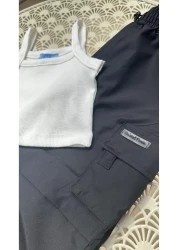 Magu Girl's Cotton Beige Cargo Pants Suit - Crop Tank Top