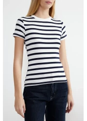  Collection Navy Blue Striped Knitted Blouse with Stretchy Viscous Fabric - Twoss24Bz00296