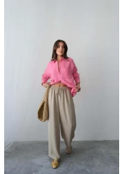 Hatun Atila بنطلون Palazzo صيفي مريح بخصر عالٍ وأربطة وأرجل واسعة - بيج