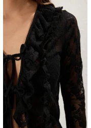  Collection Black Lace Fitted/Fitted Gather/Drape and Tie Detail Stretchy Knitted Blouse Twoss25Bz00270