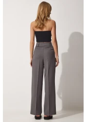 Happiness İstanbul Women's Smoked Wide Leg Masculine Woven Trousers HG00001