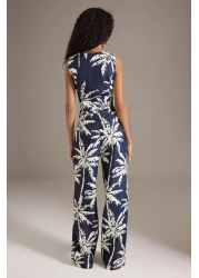  Collection طقم سترة من الكتان الأزرق برقبة على شكل حرف V وسروال واسع الساق - TWOSS25AU00090