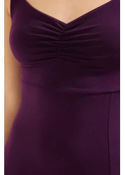  Collection فستان محبوك متوسط الطول قابل للتمدد على شكل حرف A من البرقوق مع تفاصيل رباط/دروب TWOSS24EL00412