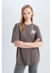 Defacto تي شيرت ذو رقبة دائرية وطبعة خلفية واسعة E0637AX25SM