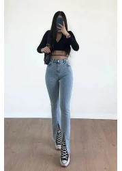 BEES JEANS بنطلون نسائي ذو فتحة أمامية باللون الأزرق الثلجي ذو أرجل إسبانية وخصر عالي