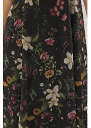  Collection Black Floral Print Chiffon Midi Dress with Back Gipe Detail - Slit, Lined Twoss24El00699