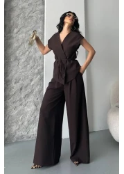 spirituel Women's Double Bottom Top Suit Lace-Up Loose Cut Flowy Summer Short Sleeve Kimono Jacket Palazzo Pants