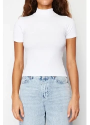 Collection White Fitted High Collar Crop Ribbed Stretchy Knitted Blouse TWOSS21BZ0780